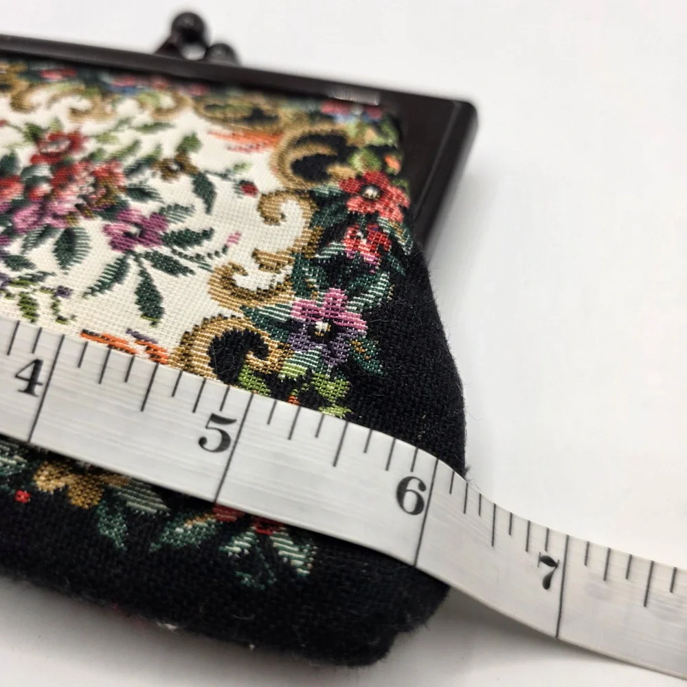 Vintage Floral Needlepoint Tapestry Clutch Faux Tortoise Lucite Frame Kiss Lock